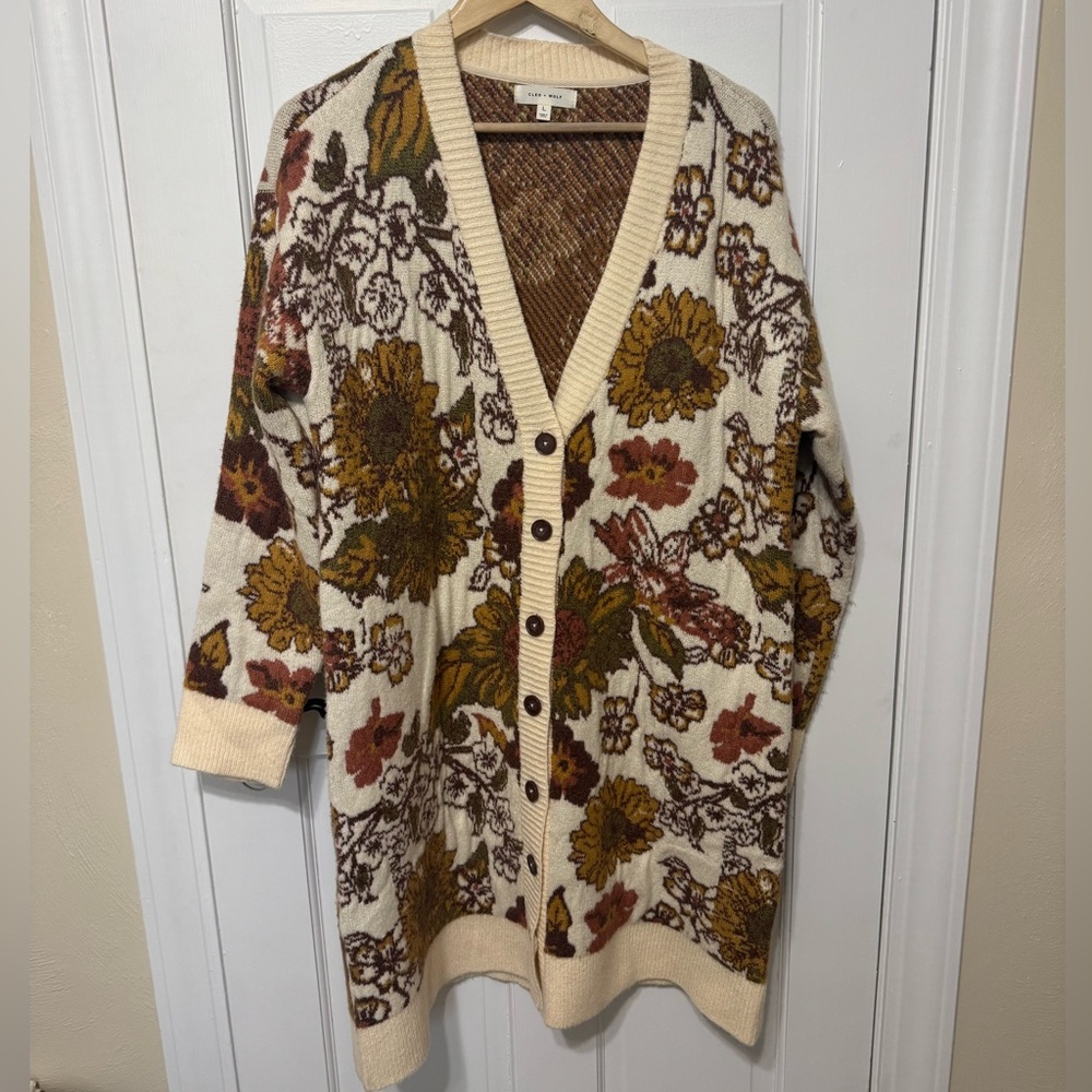 Sunflower Patterned Knit Cardigan - Cream and Brown